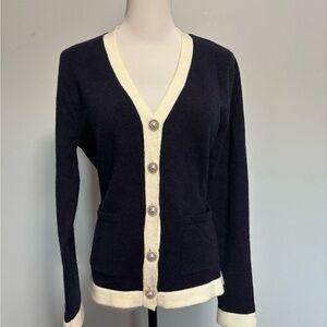 Elegant Navy and Cream Button-Up Cardigan with Pearl Buttons